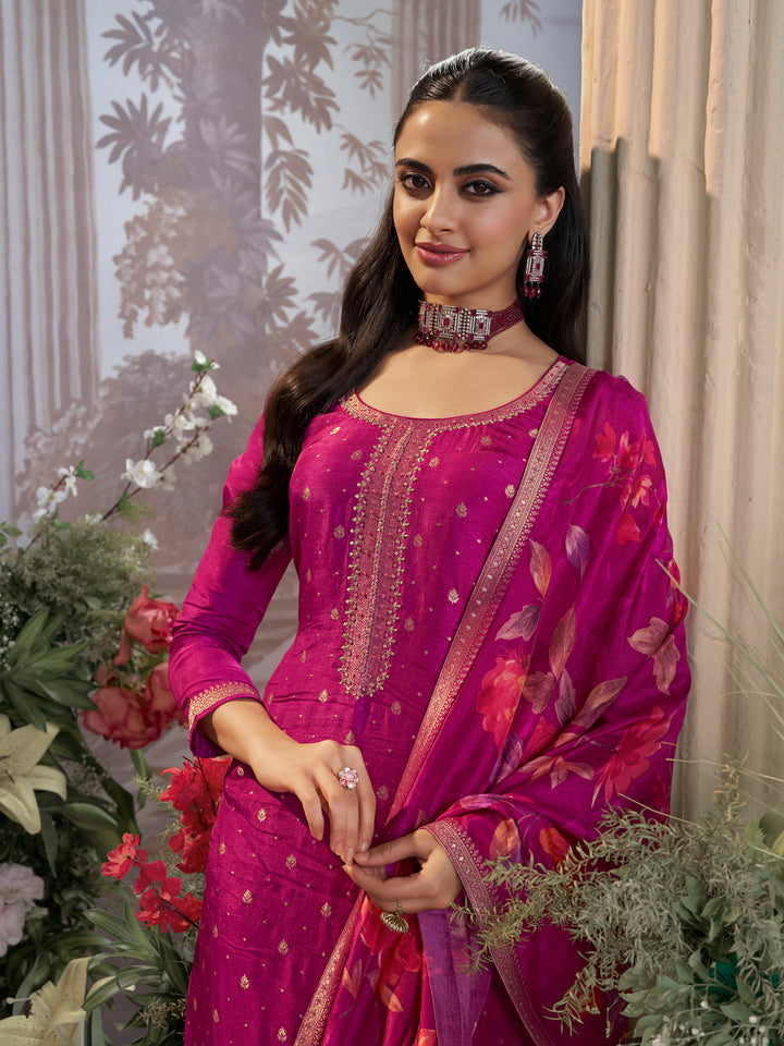 Purple Dola Silk Kurta Set with Jacquard Work, Paired with a Dola Silk Digital Printed Dupatta