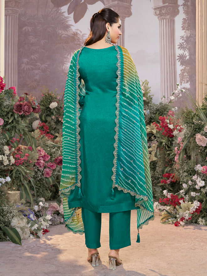 Green Dola Silk Kurta Set with Embroidered Work Paired with Chiffon Dupatta with Digital Print Work