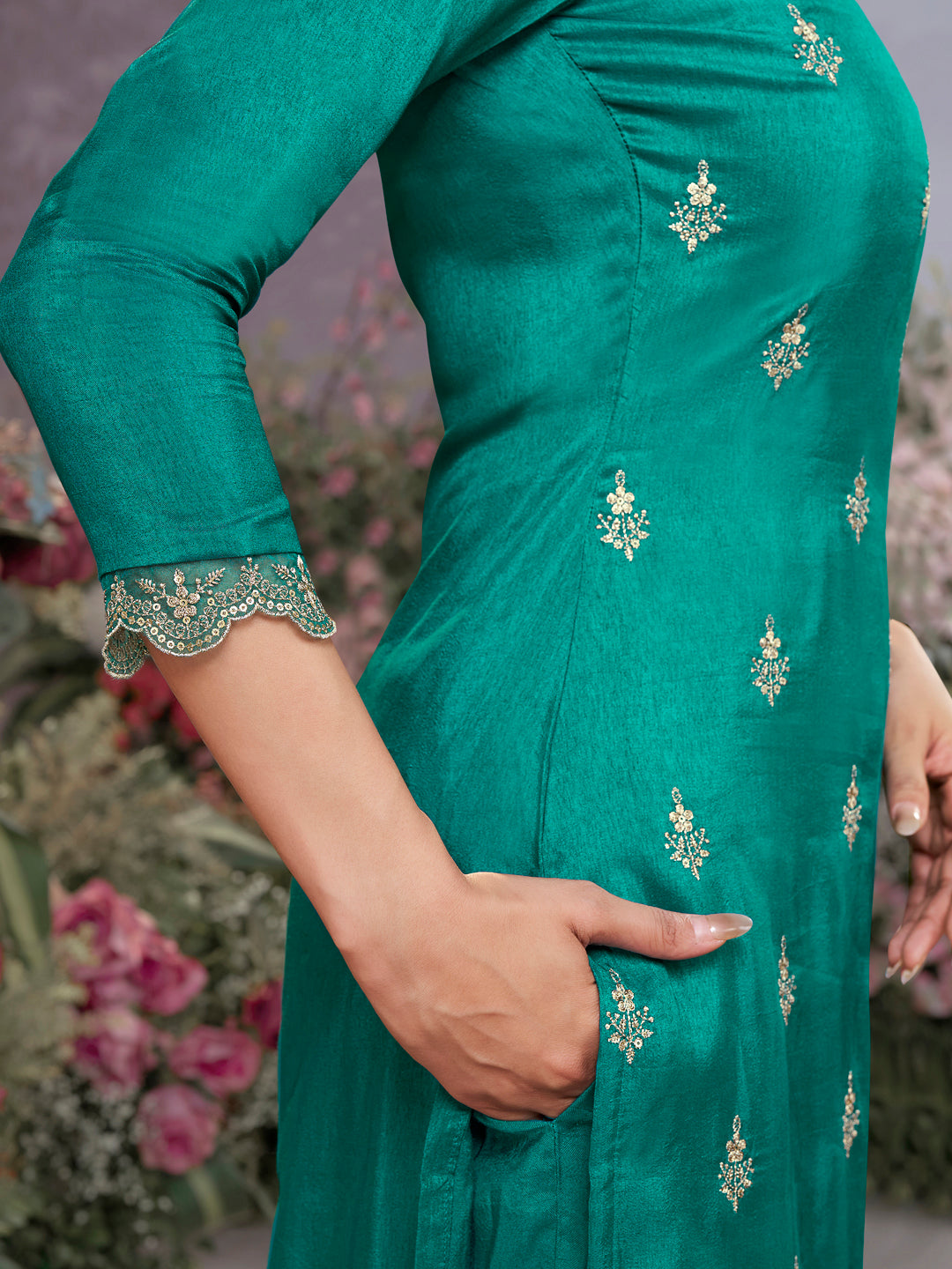 Green Dola Silk Kurta Set with Embroidered Work Paired with Chiffon Dupatta with Digital Print Work