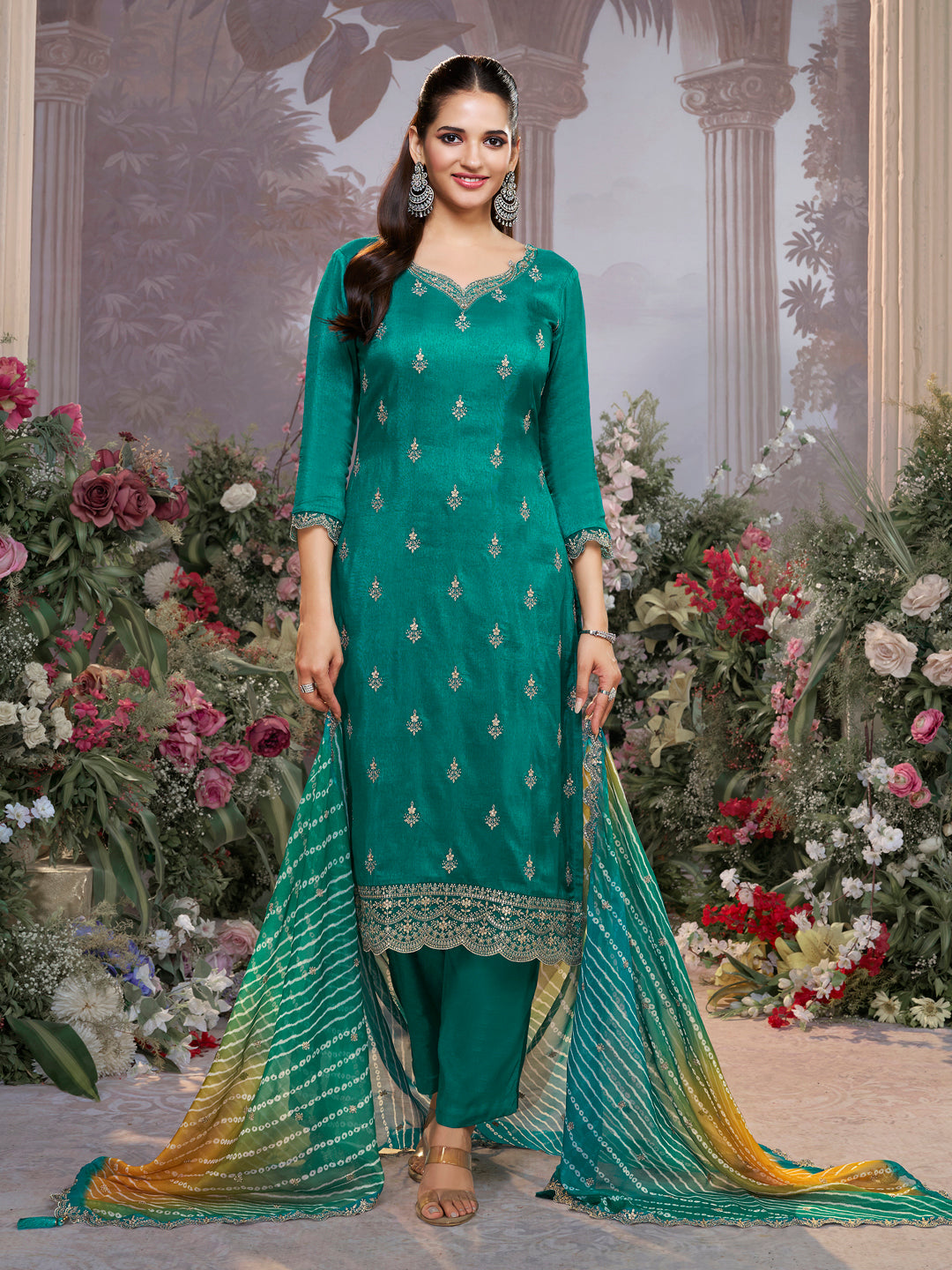 Green Dola Silk Kurta Set with Embroidered Work Paired with Chiffon Dupatta with Digital Print Work