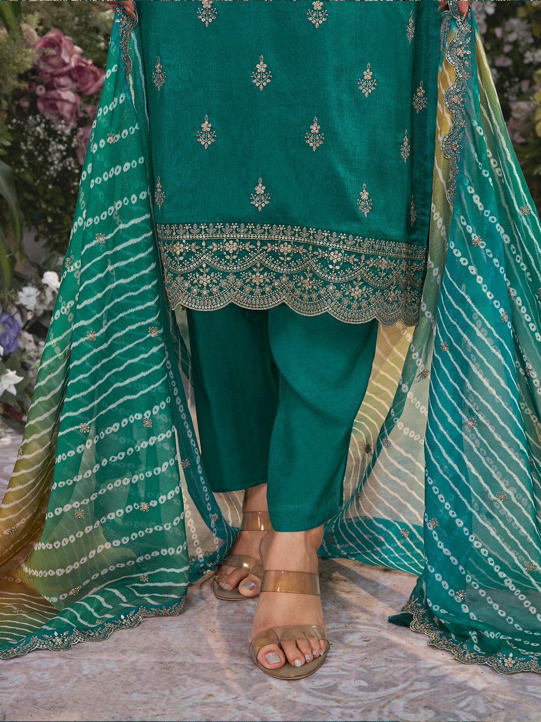 Green Dola Silk Kurta Set with Embroidered Work Paired with Chiffon Dupatta with Digital Print Work