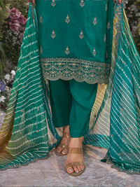 Green Dola Silk Kurta Set with Embroidered Work Paired with Chiffon Dupatta with Digital Print Work