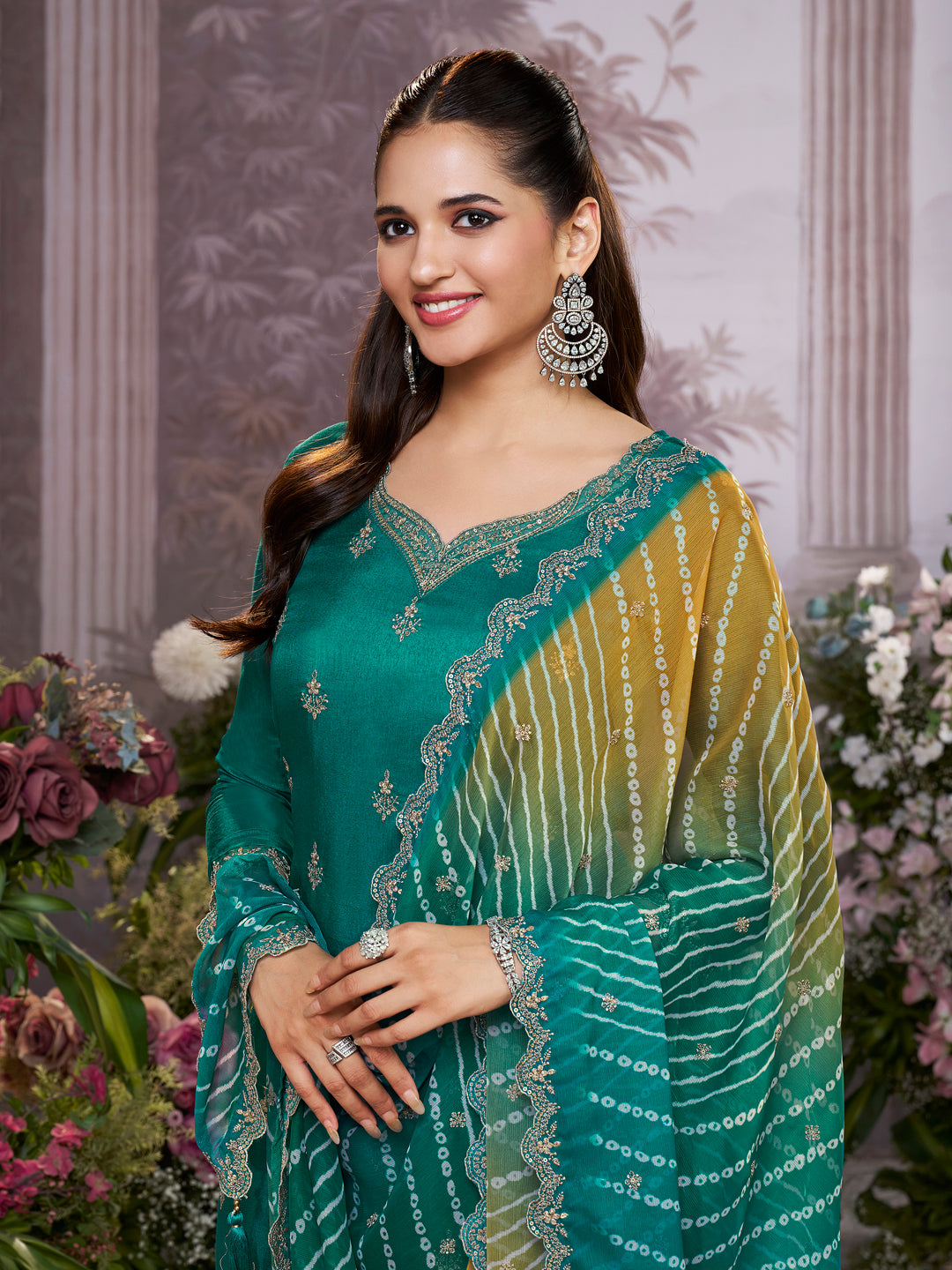 Green Dola Silk Kurta Set with Embroidered Work Paired with Chiffon Dupatta with Digital Print Work