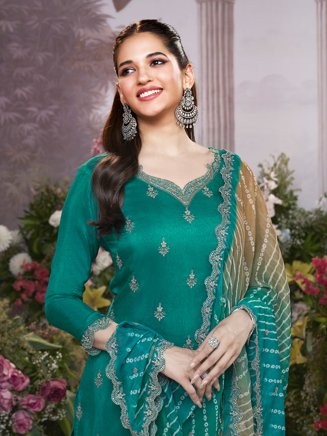 Green Dola Silk Kurta Set with Embroidered Work Paired with Chiffon Dupatta with Digital Print Work