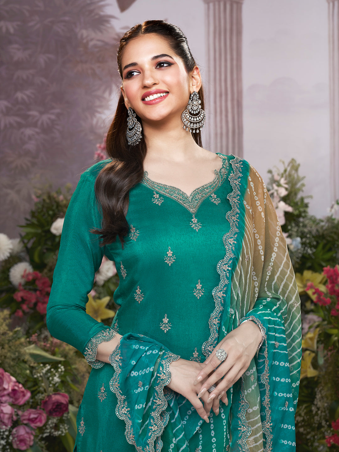 Green Dola Silk Kurta Set with Embroidered Work Paired with Chiffon Dupatta with Digital Print Work