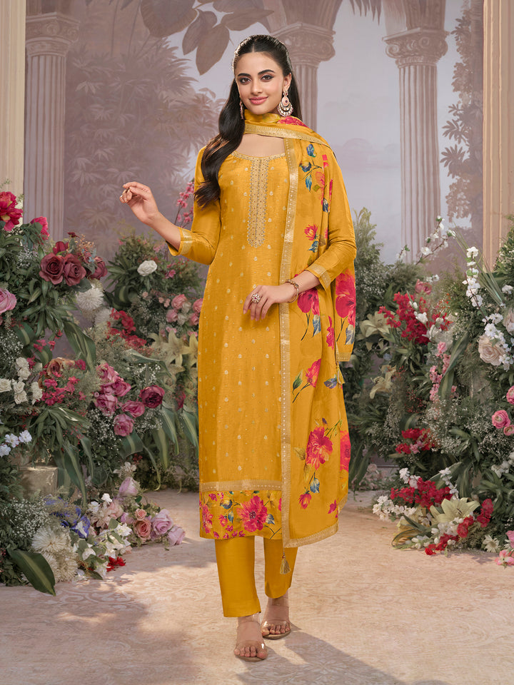 Yellow Dola Silk Kurta Set with Jacquard Work, Paired with a Dola Silk Digital Printed Dupatta