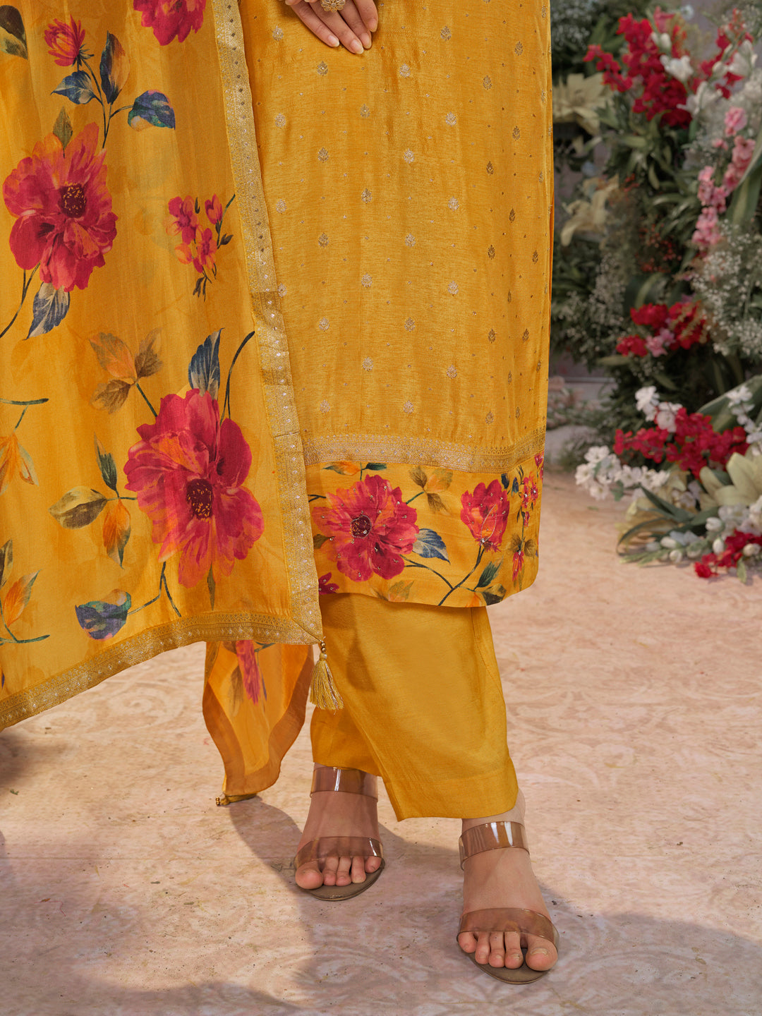 Yellow Dola Silk Kurta Set with Jacquard Work, Paired with a Dola Silk Digital Printed Dupatta