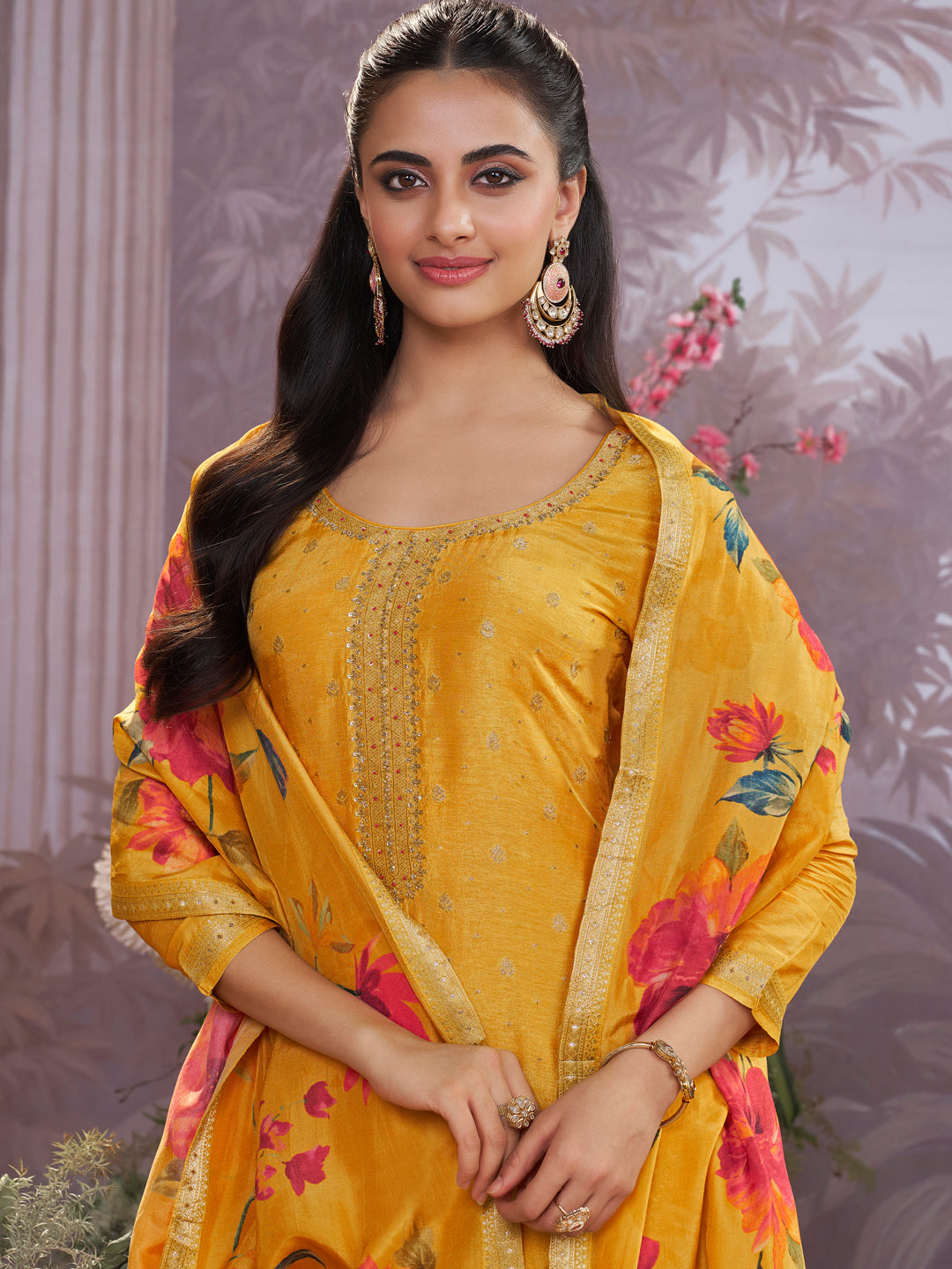 Yellow Dola Silk Kurta Set with Jacquard Work, Paired with a Dola Silk Digital Printed Dupatta