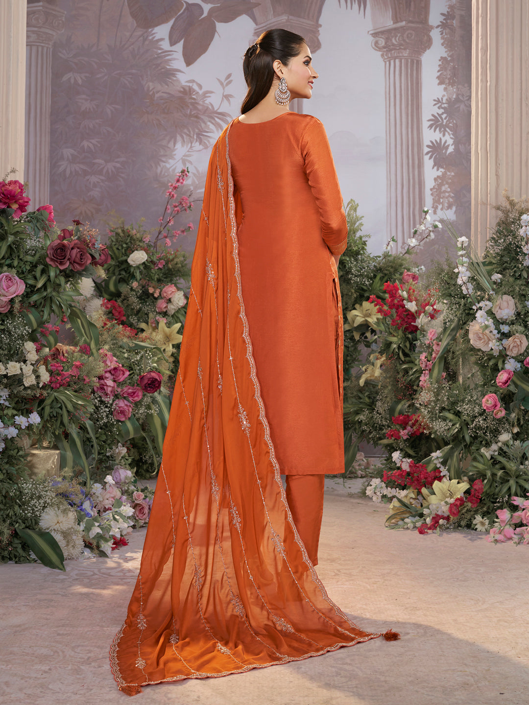 Orange Dola Silk Fabric Kurta with Embroidered & Jacquard Work Paired with Rangoli Fabric Dupatta with Patterned Sequins Work.