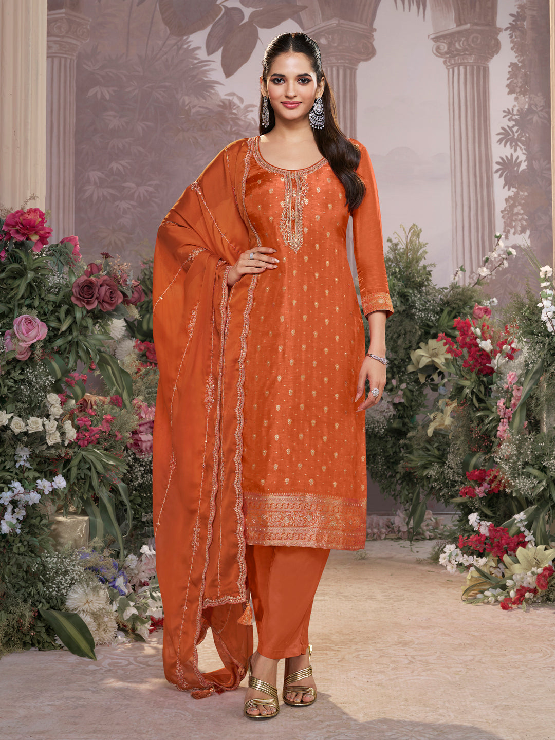 Orange Dola Silk Fabric Kurta with Embroidered & Jacquard Work Paired with Rangoli Fabric Dupatta with Patterned Sequins Work.