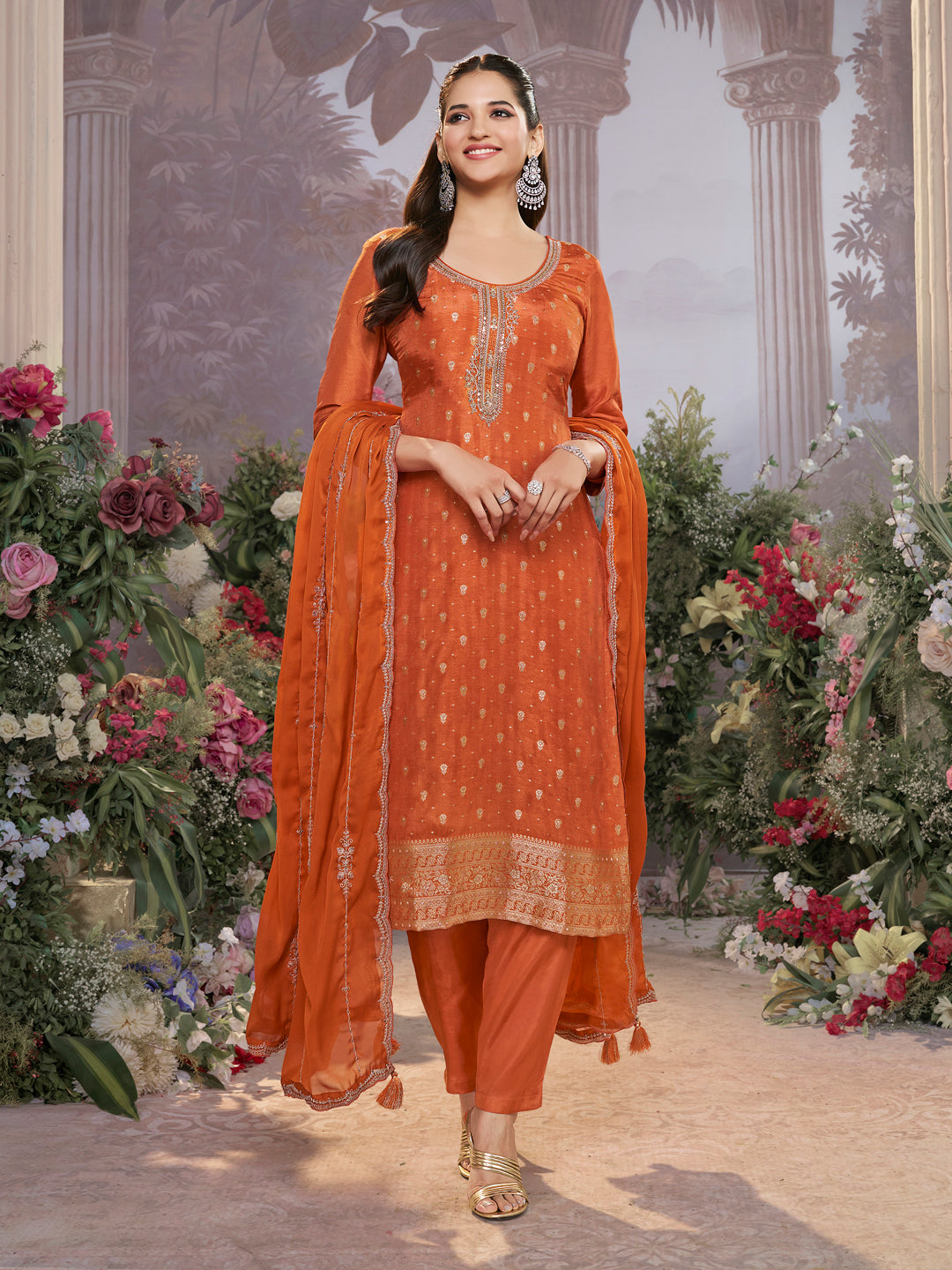 Orange Dola Silk Fabric Kurta with Embroidered & Jacquard Work Paired with Rangoli Fabric Dupatta with Patterned Sequins Work.