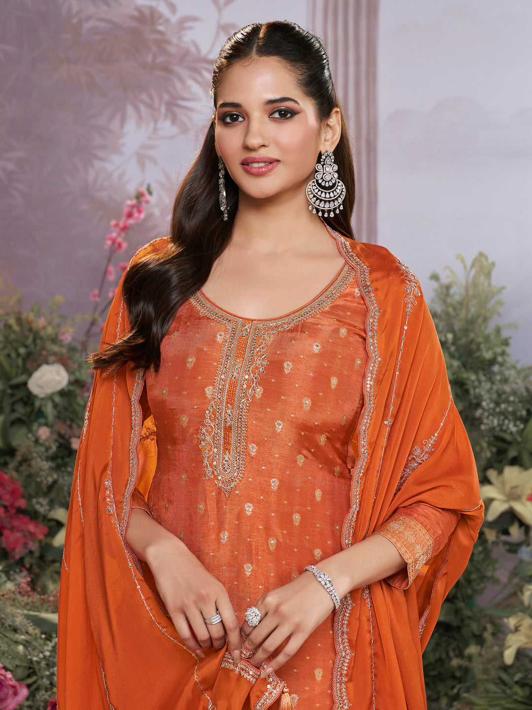 Orange Dola Silk Fabric Kurta with Embroidered & Jacquard Work Paired with Rangoli Fabric Dupatta with Patterned Sequins Work.