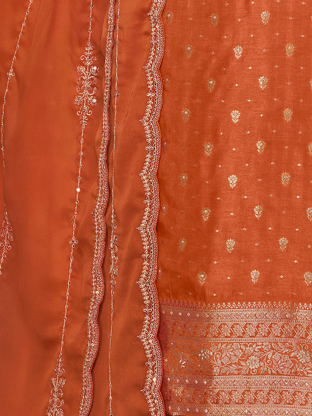 Orange Dola Silk Fabric Kurta with Embroidered & Jacquard Work Paired with Rangoli Fabric Dupatta with Patterned Sequins Work.