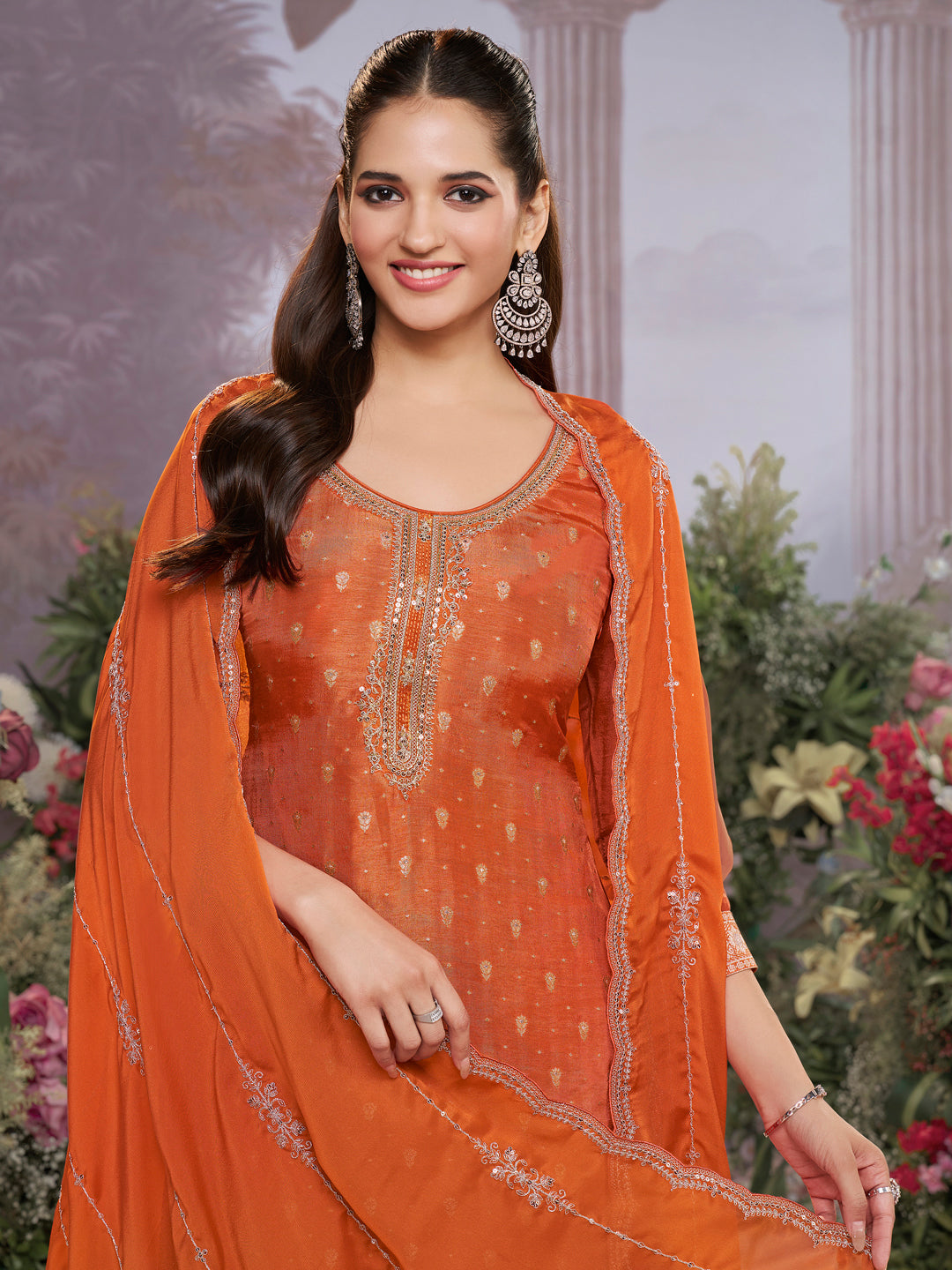 Orange Dola Silk Fabric Kurta with Embroidered & Jacquard Work Paired with Rangoli Fabric Dupatta with Patterned Sequins Work.