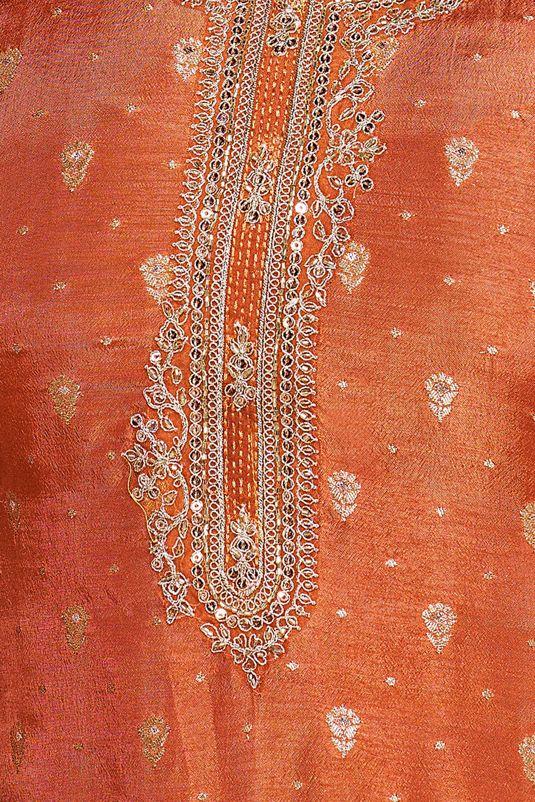 Orange Dola Silk Fabric Kurta with Embroidered & Jacquard Work Paired with Rangoli Fabric Dupatta with Patterned Sequins Work.