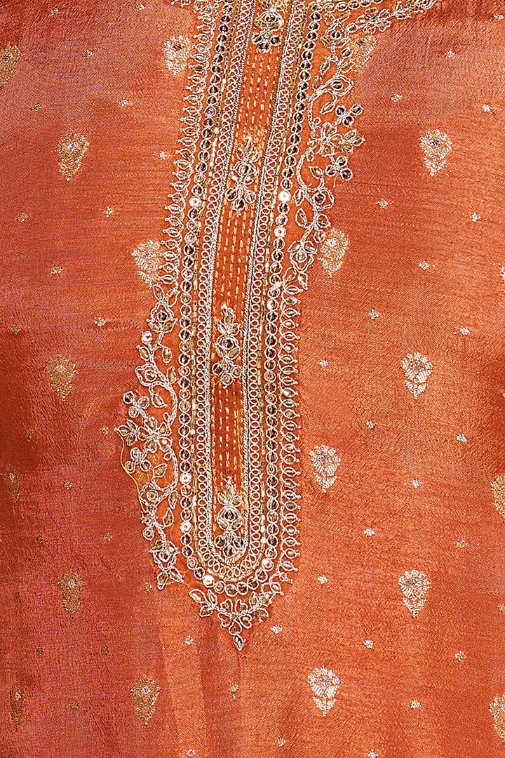 Orange Dola Silk Fabric Kurta with Embroidered & Jacquard Work Paired with Rangoli Fabric Dupatta with Patterned Sequins Work.
