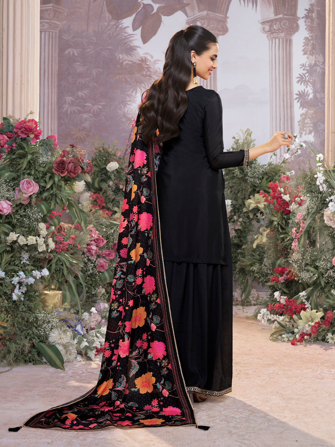 Black Chinon Kurta Set with Embroidered Work Paired with Digital Printed Dola Silk Dupatta