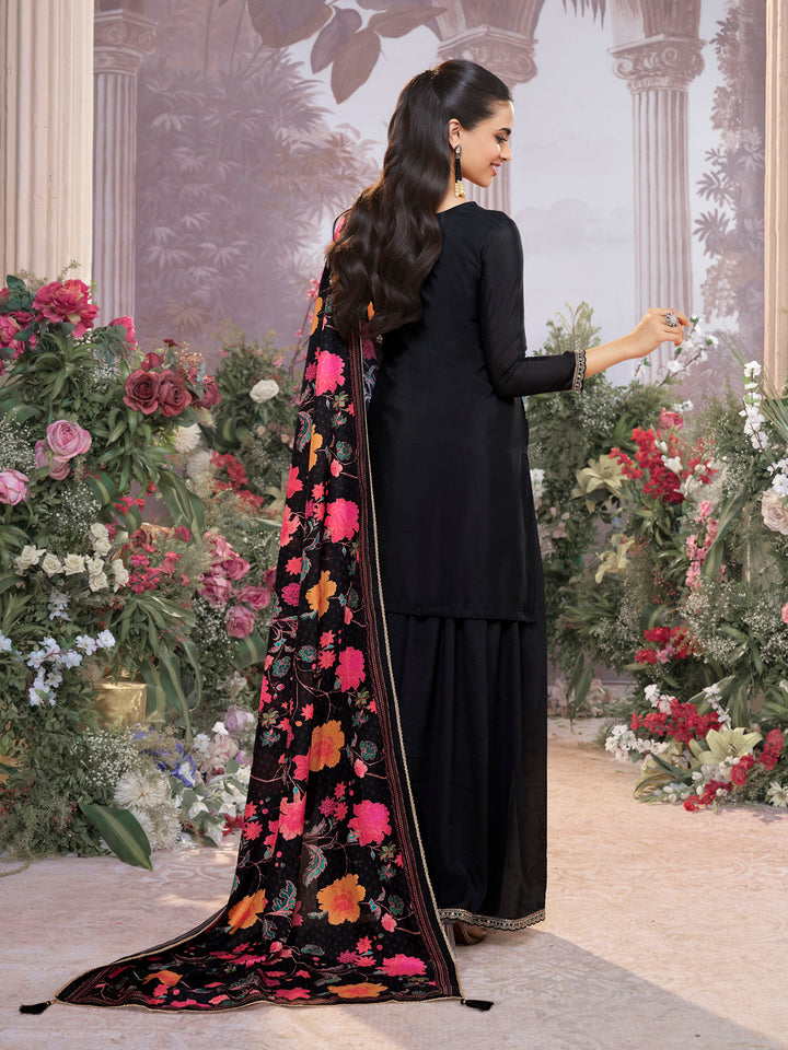 Black Chinon Kurta Set with Embroidered Work Paired with Digital Printed Dola Silk Dupatta