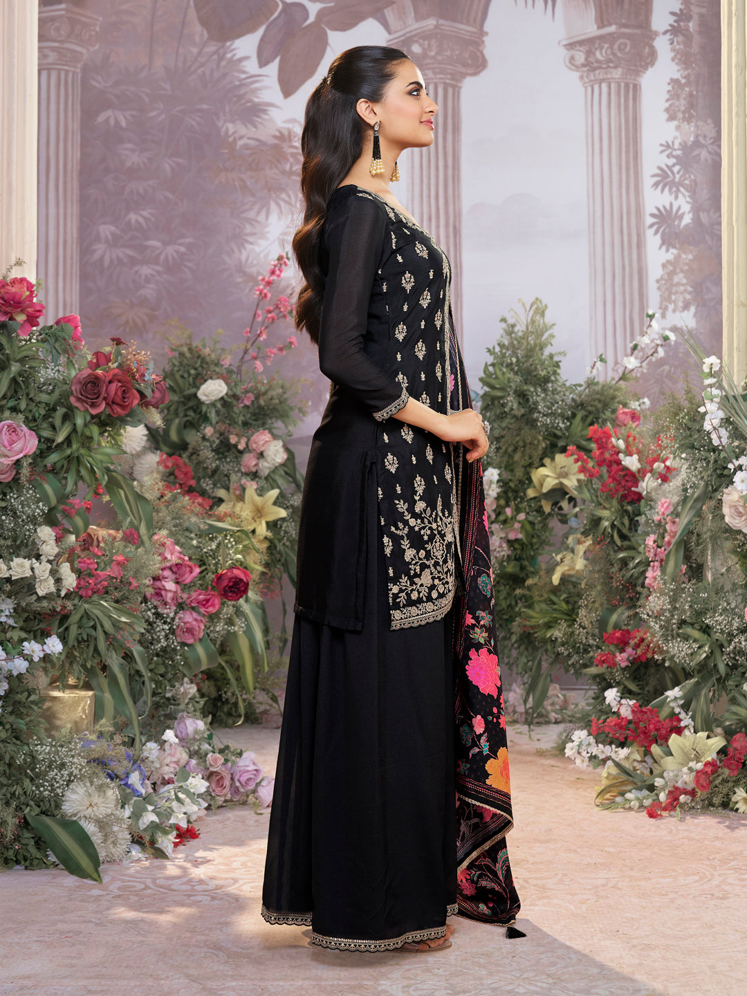 Black Chinon Sharara Set with Embroidered Work Paired with Digital Printed Dola Silk Dupatta