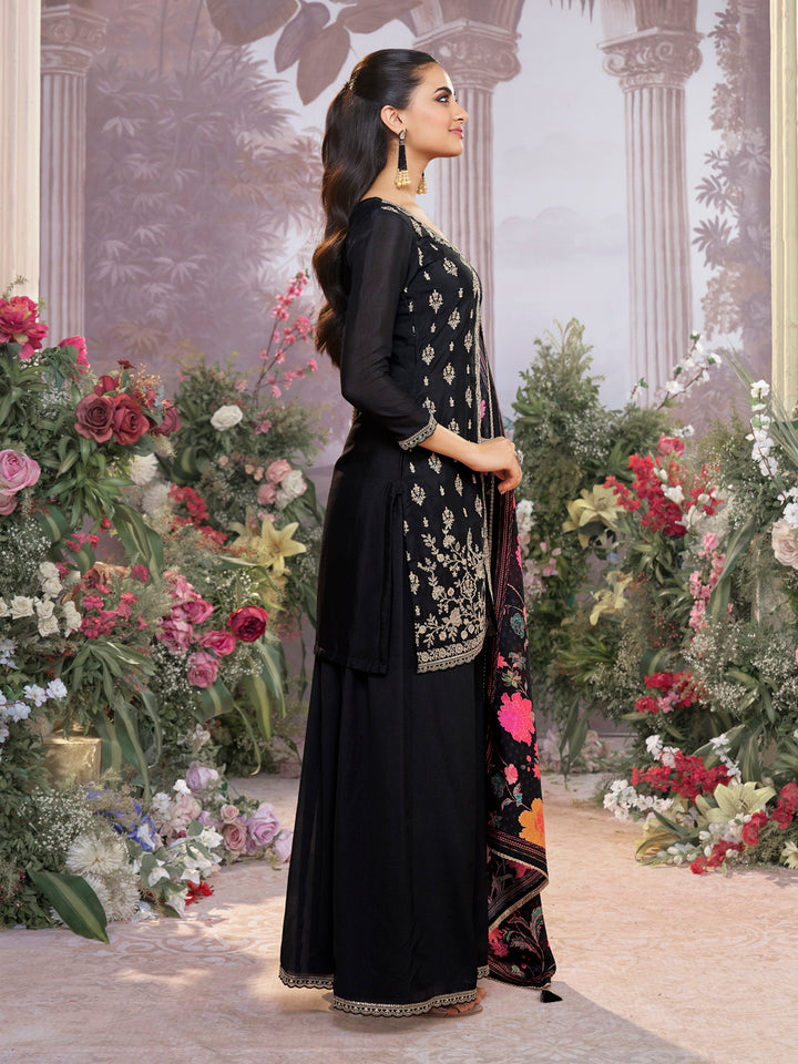 Black Chinon Kurta Set with Embroidered Work Paired with Digital Printed Dola Silk Dupatta