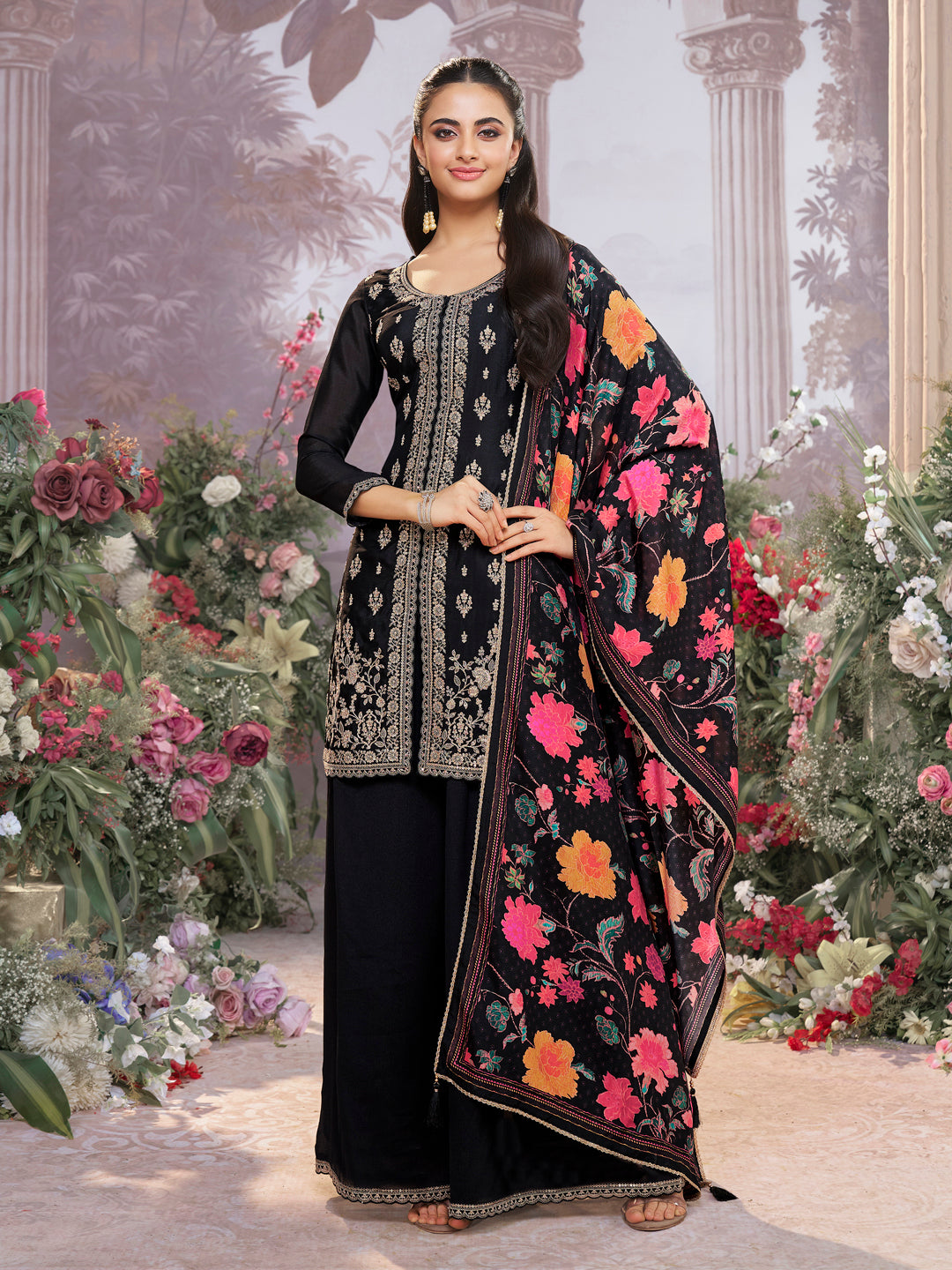 Black Chinon Kurta Set with Embroidered Work Paired with Digital Printed Dola Silk Dupatta