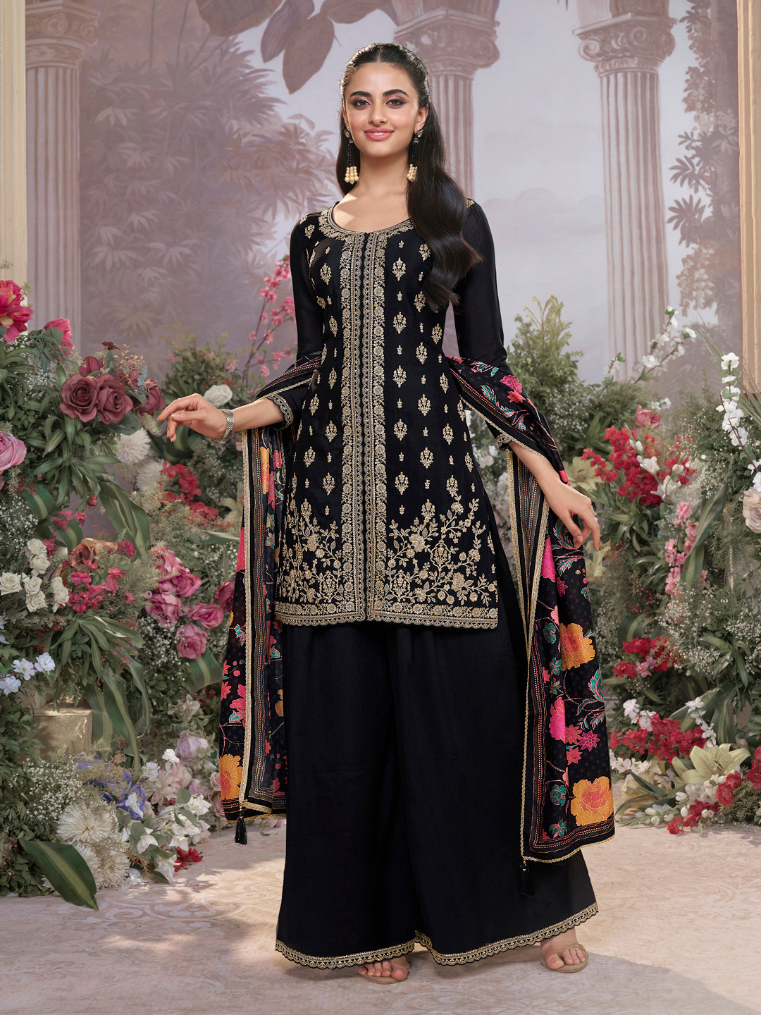 Black Chinon Kurta Set with Embroidered Work Paired with Digital Printed Dola Silk Dupatta