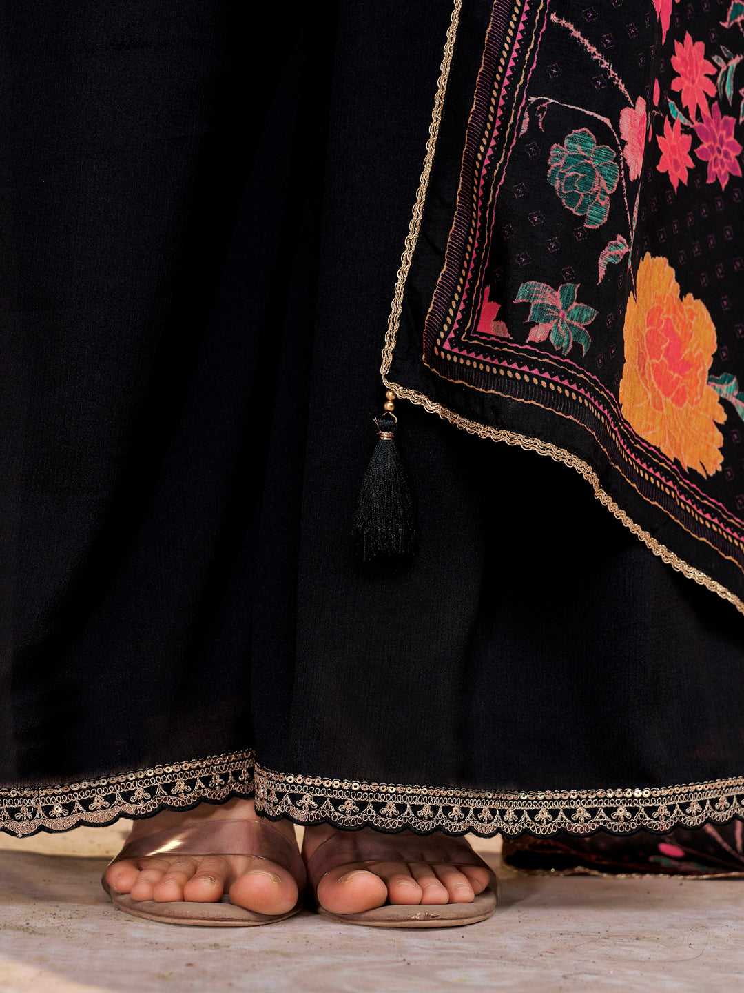 Black Chinon Kurta Set with Embroidered Work Paired with Digital Printed Dola Silk Dupatta