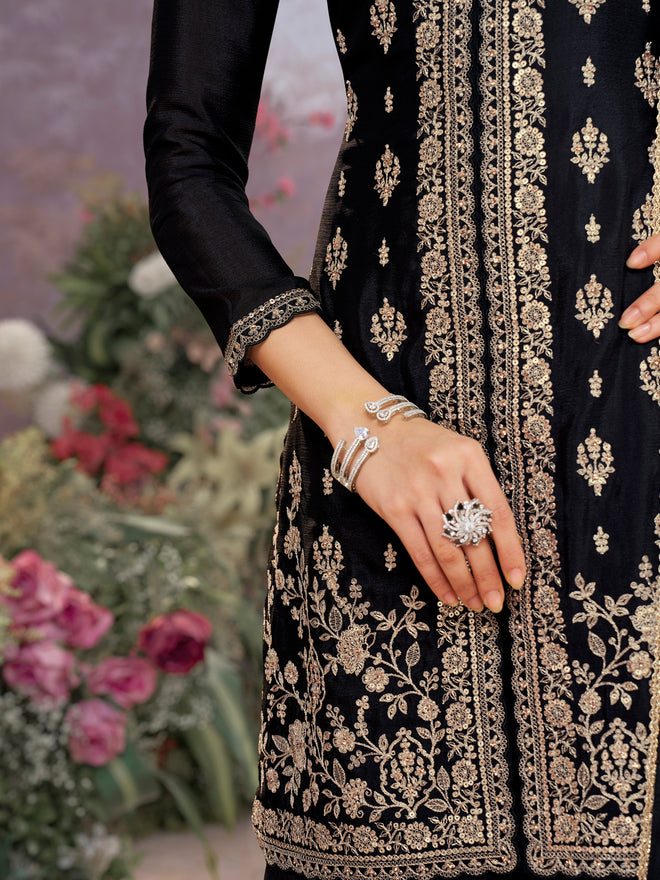 Black Chinon Sharara Set with Embroidered Work Paired with Digital Printed Dola Silk Dupatta