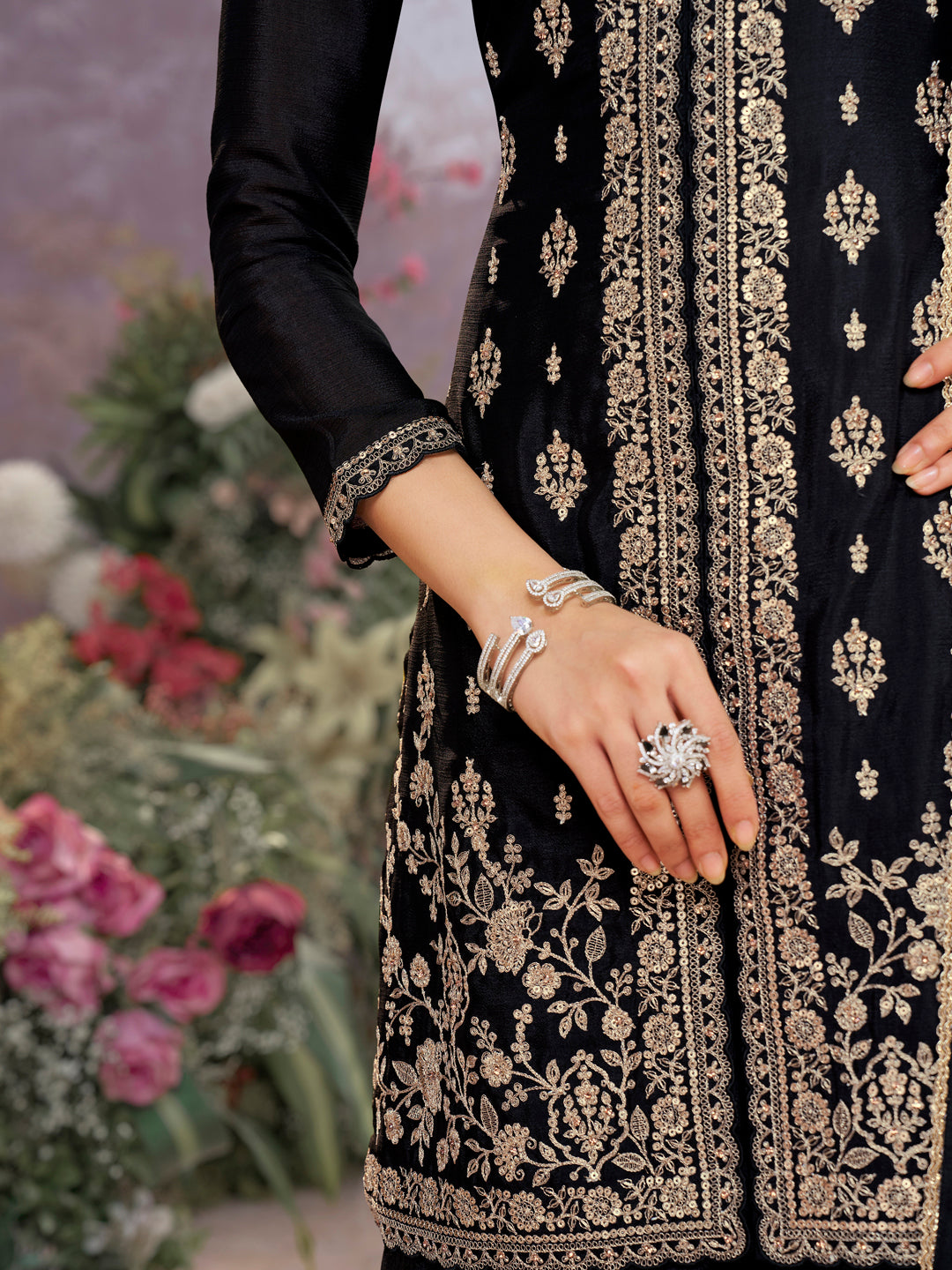 Black Chinon Kurta Set with Embroidered Work Paired with Digital Printed Dola Silk Dupatta