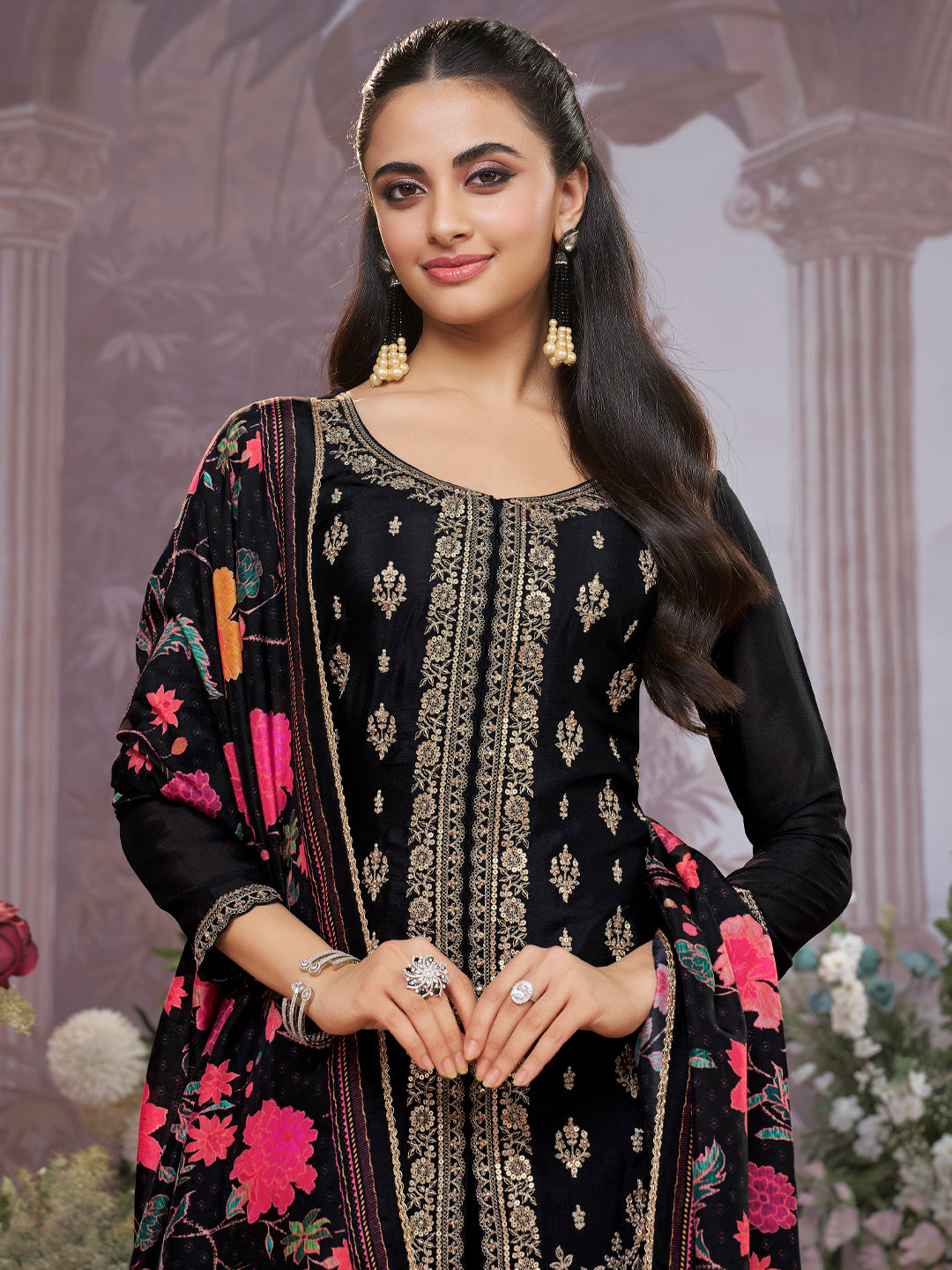 Black Chinon Sharara Set with Embroidered Work Paired with Digital Printed Dola Silk Dupatta