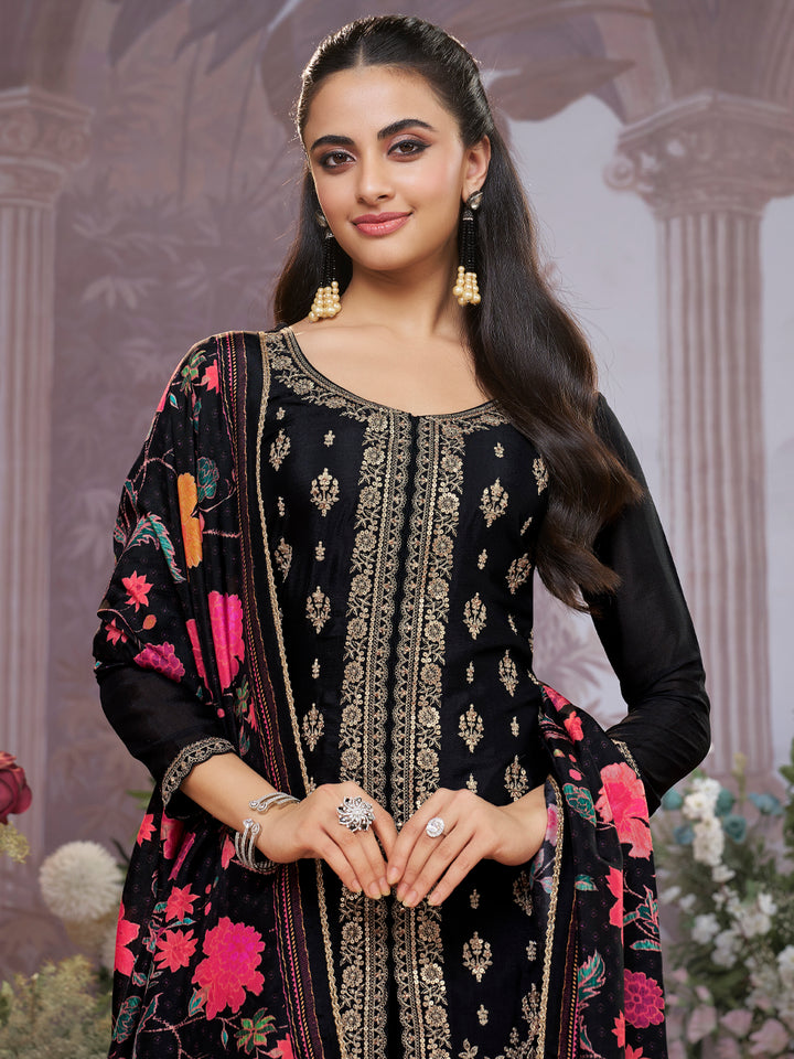 Black Chinon Kurta Set with Embroidered Work Paired with Digital Printed Dola Silk Dupatta