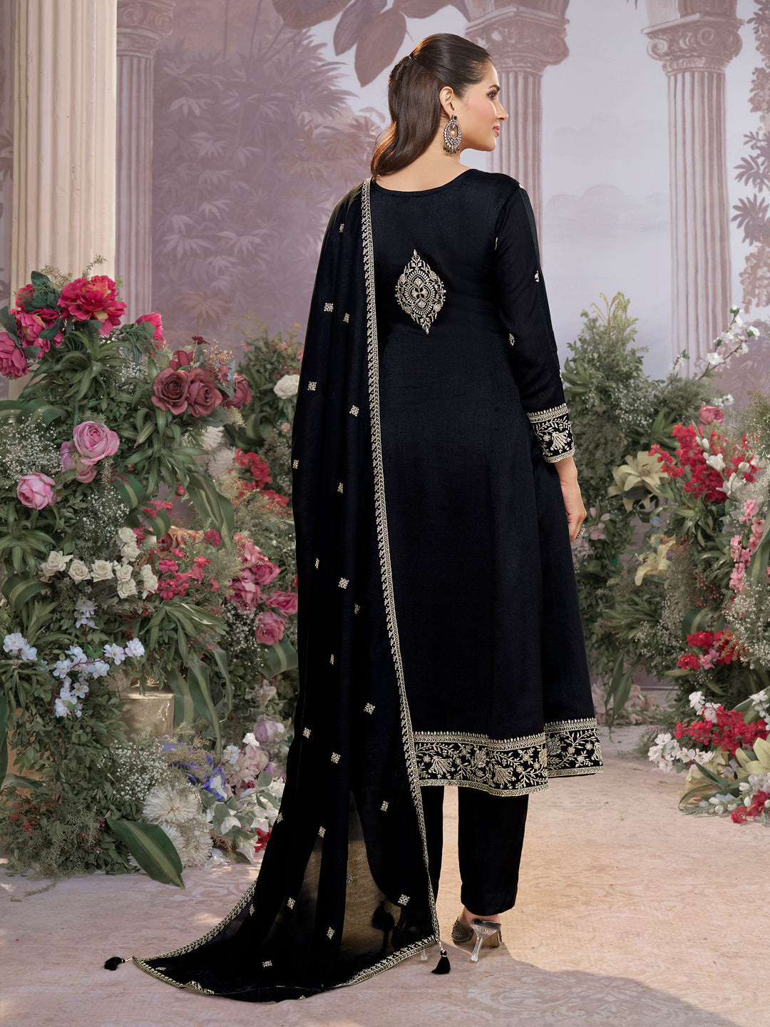 Black Vichitra Silk Kurta Suit Set with Embroidered Work Paired with Vichitra Silk Dupatta with Embroidered Work