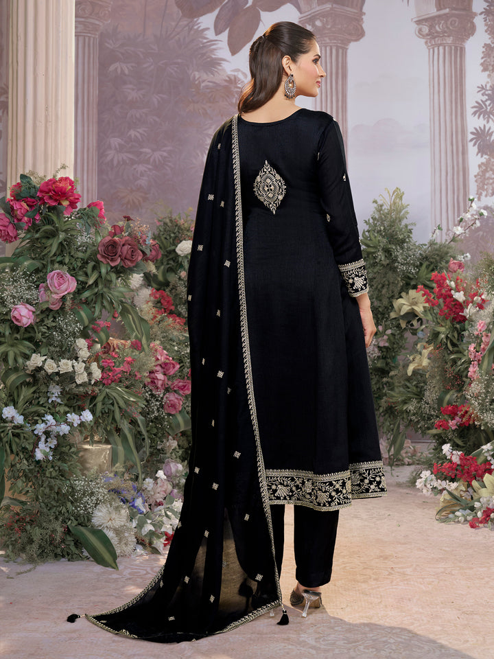 Black Vichitra Silk Kurta Suit Set with Embroidered Work Paired with Vichitra Silk Dupatta with Embroidered Work