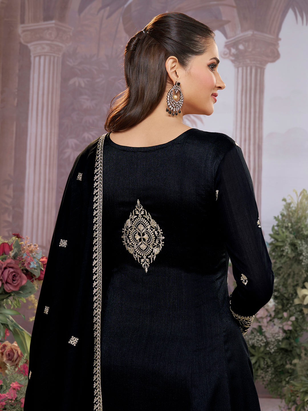 Black Vichitra Silk Kurta Suit Set with Embroidered Work Paired with Vichitra Silk Dupatta with Embroidered Work