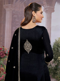 Black Vichitra Silk Kurta Suit Set with Embroidered Work Paired with Vichitra Silk Dupatta with Embroidered Work