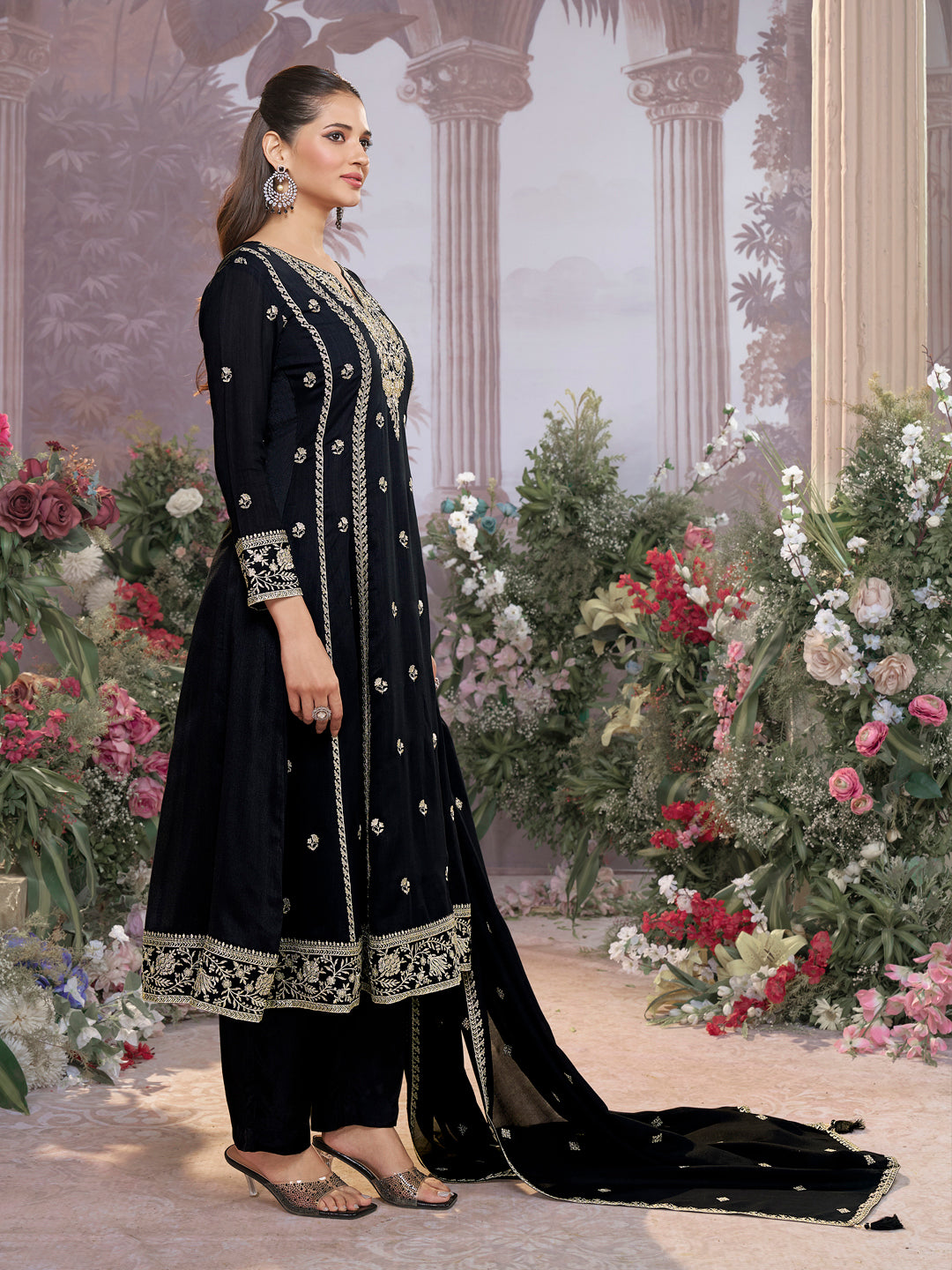 Black Vichitra Silk Kurta Suit Set with Embroidered Work Paired with Vichitra Silk Dupatta with Embroidered Work