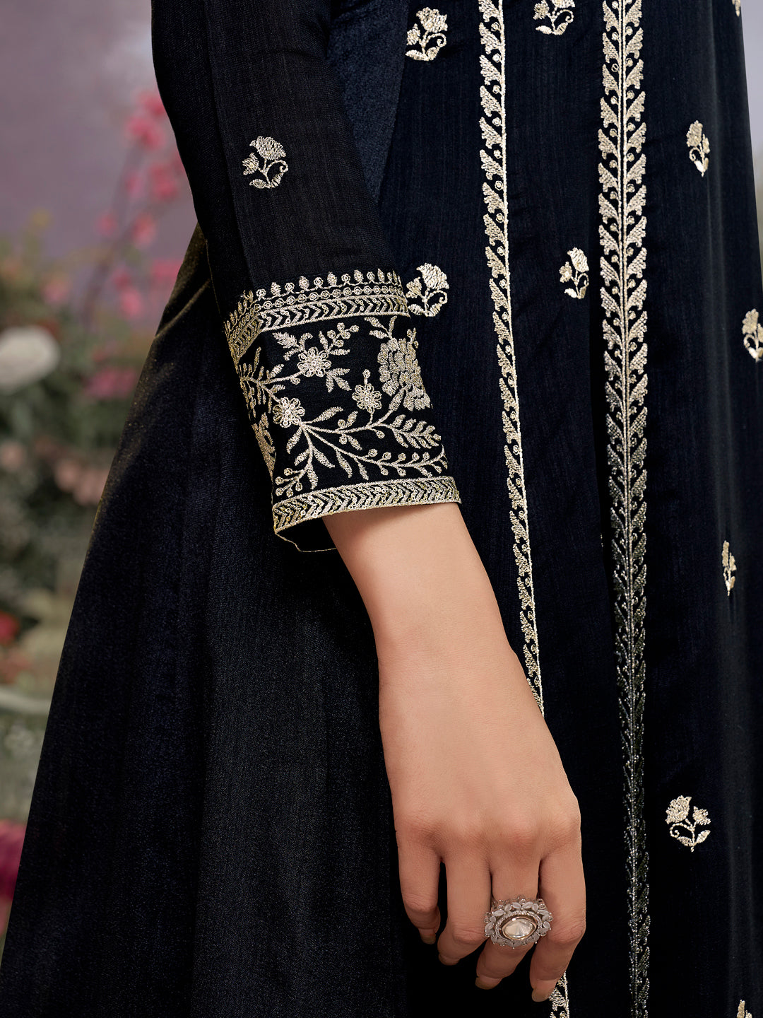 Black Vichitra Silk Kurta Suit Set with Embroidered Work Paired with Vichitra Silk Dupatta with Embroidered Work