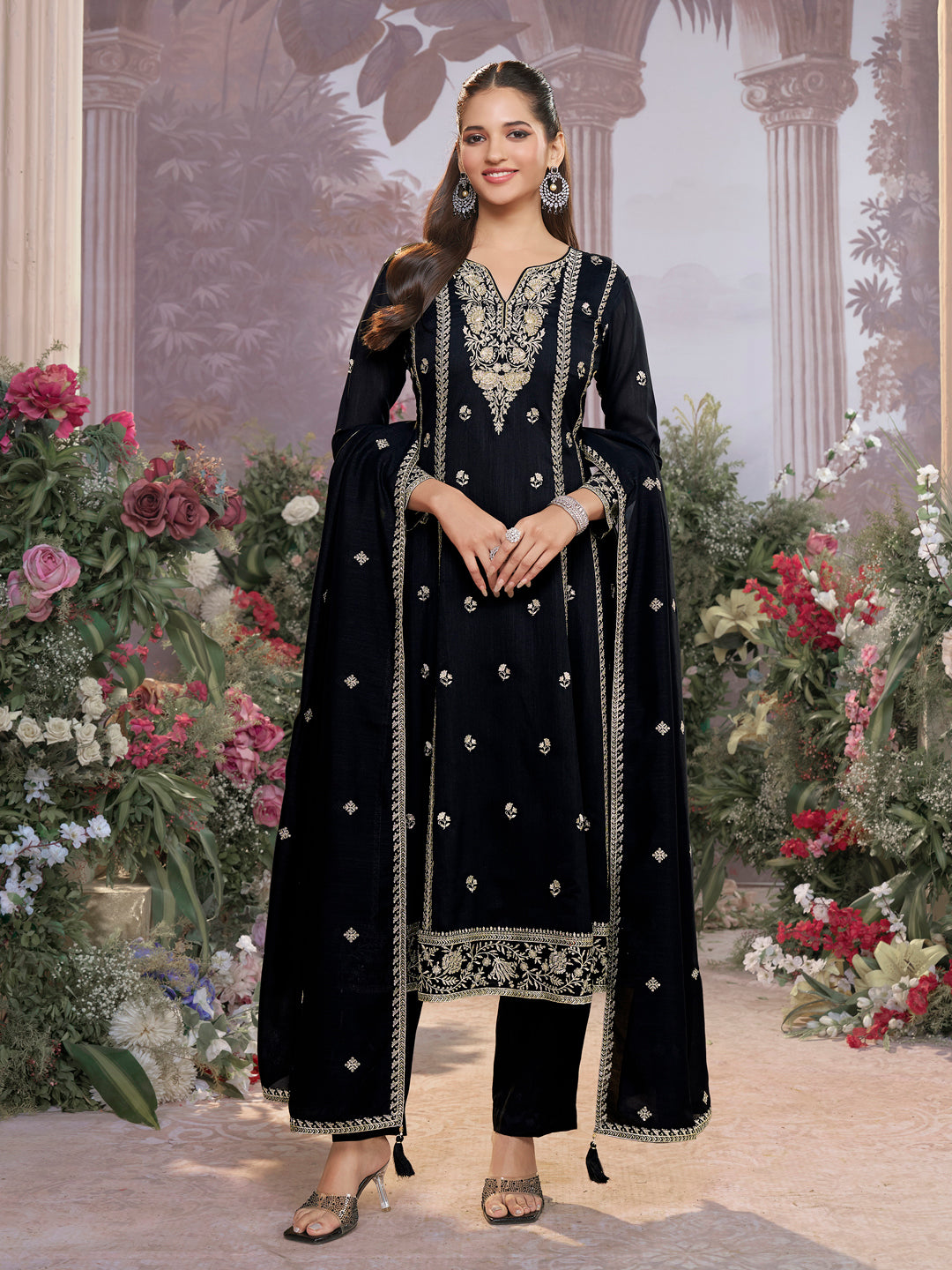 Black Vichitra Silk Kurta Suit Set with Embroidered Work Paired with Vichitra Silk Dupatta with Embroidered Work