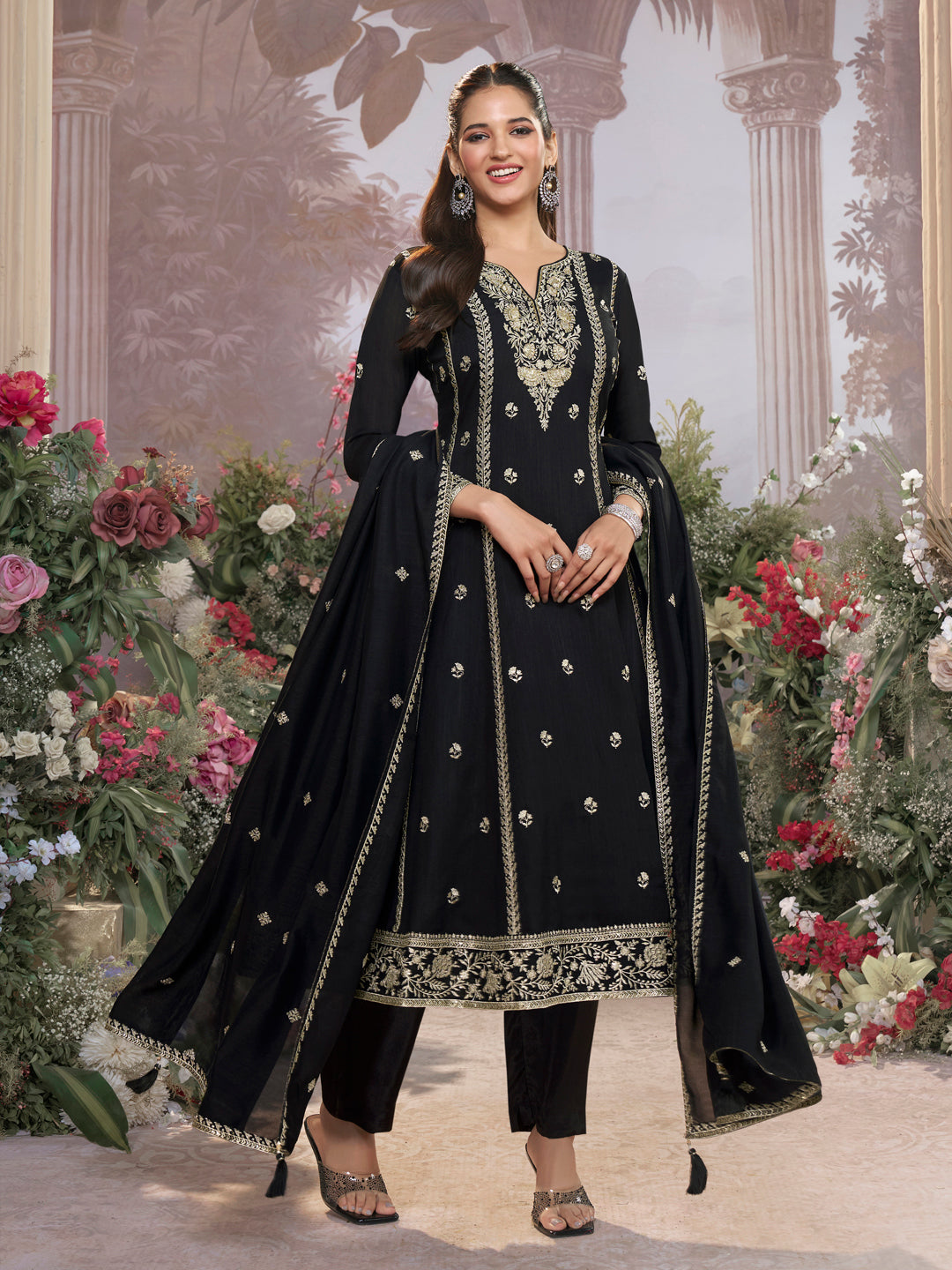 Black Vichitra Silk Kurta Suit Set with Embroidered Work Paired with Vichitra Silk Dupatta with Embroidered Work