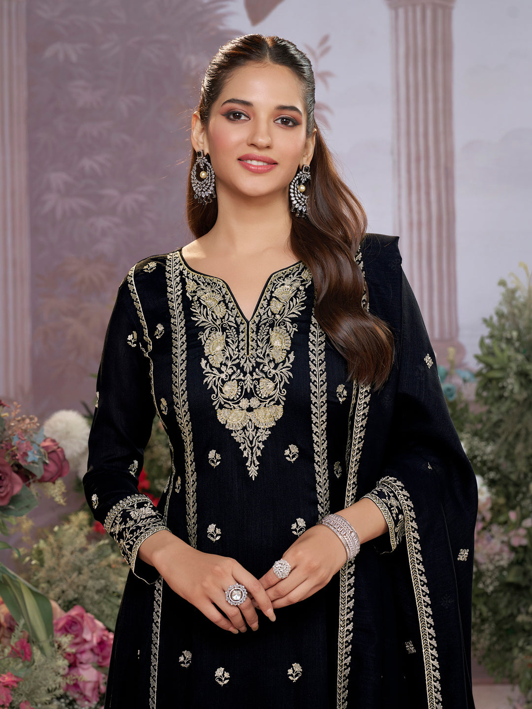 Black Vichitra Silk Kurta Suit Set with Embroidered Work Paired with Vichitra Silk Dupatta with Embroidered Work