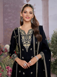 Black Vichitra Silk Kurta Suit Set with Embroidered Work Paired with Vichitra Silk Dupatta with Embroidered Work