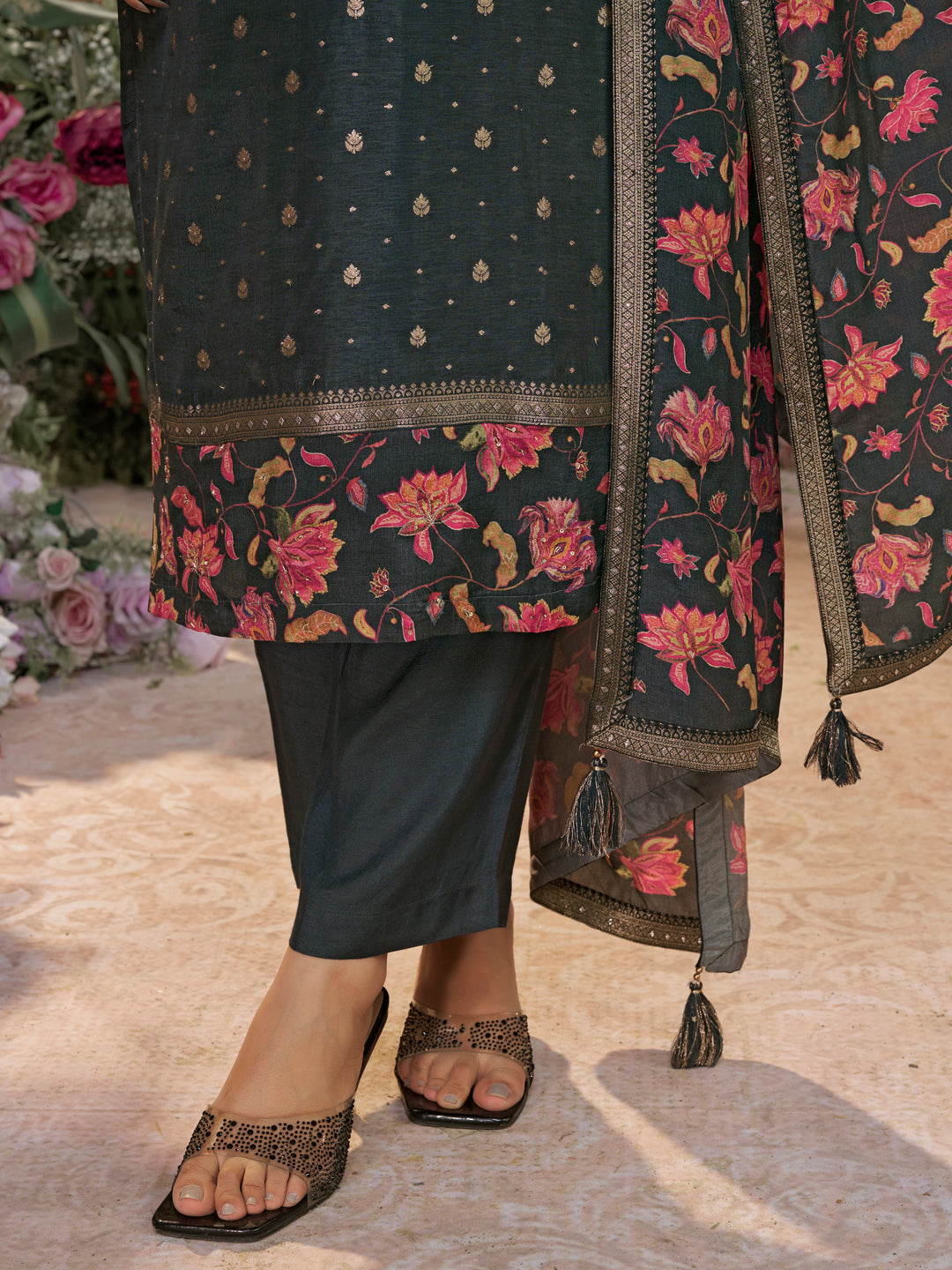 Dark Charcoal Dola Silk Kurta Set with Jacquard Work, Paired with a Dola Silk Digital Printed Dupatta