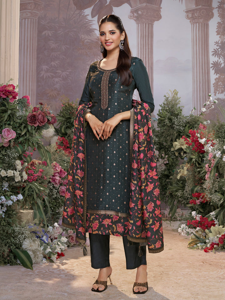 Dark Charcoal Dola Silk Kurta Set with Jacquard Work, Paired with a Dola Silk Digital Printed Dupatta