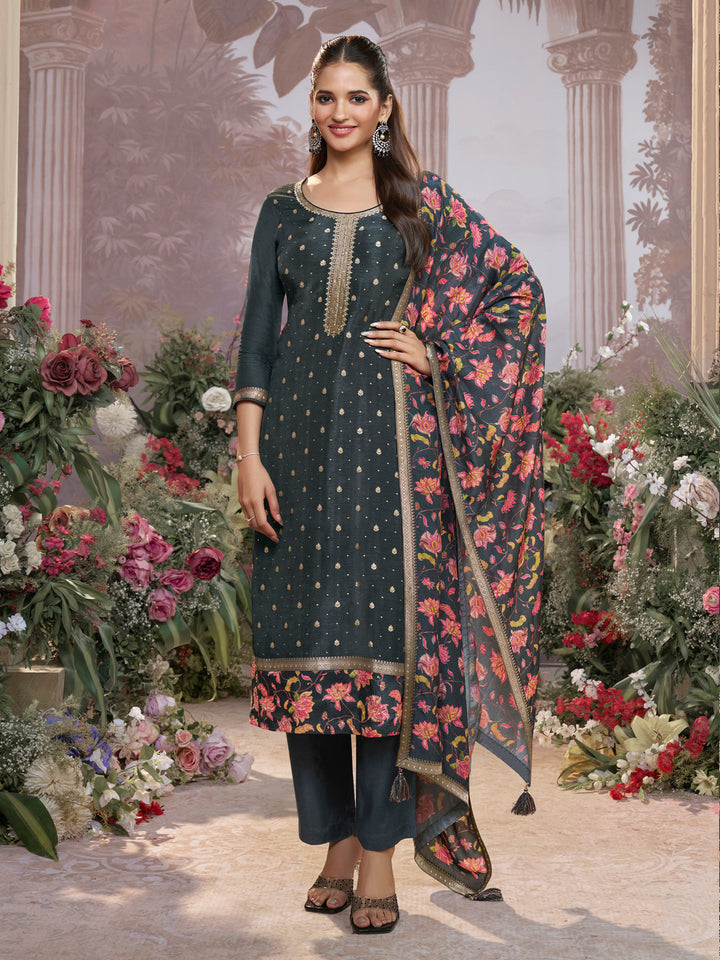 Dark Charcoal Dola Silk Kurta Set with Jacquard Work, Paired with a Dola Silk Digital Printed Dupatta