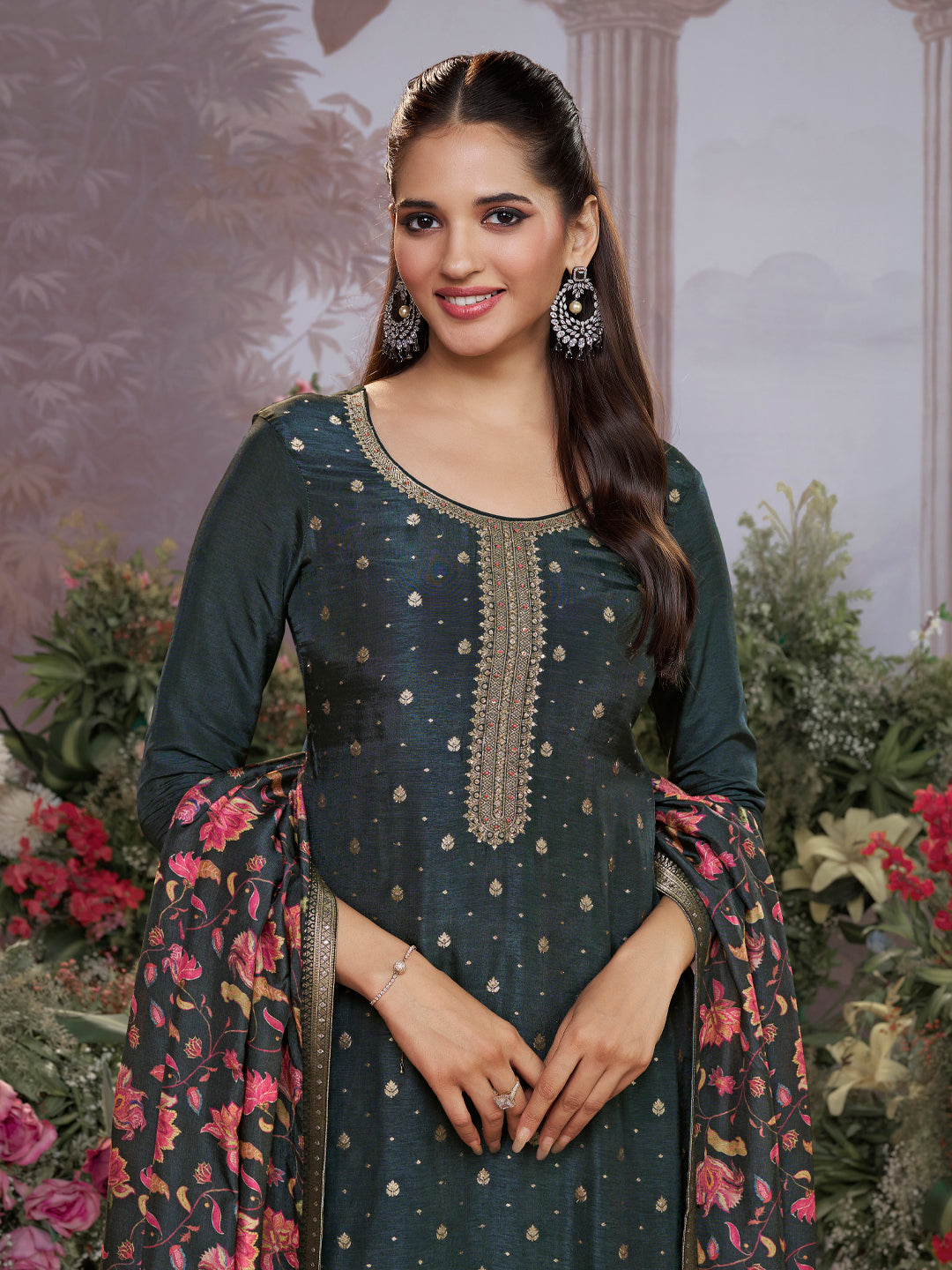 Dark Charcoal Dola Silk Kurta Set with Jacquard Work, Paired with a Dola Silk Digital Printed Dupatta