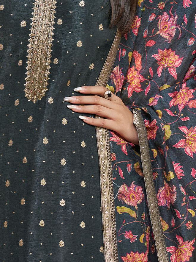 Dark Charcoal Dola Silk Kurta Set with Jacquard Work, Paired with a Dola Silk Digital Printed Dupatta