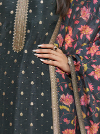 Dark Charcoal Dola Silk Kurta Set with Jacquard Work, Paired with a Dola Silk Digital Printed Dupatta