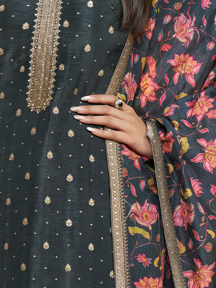 Dark Charcoal Dola Silk Kurta Set with Jacquard Work, Paired with a Dola Silk Digital Printed Dupatta
