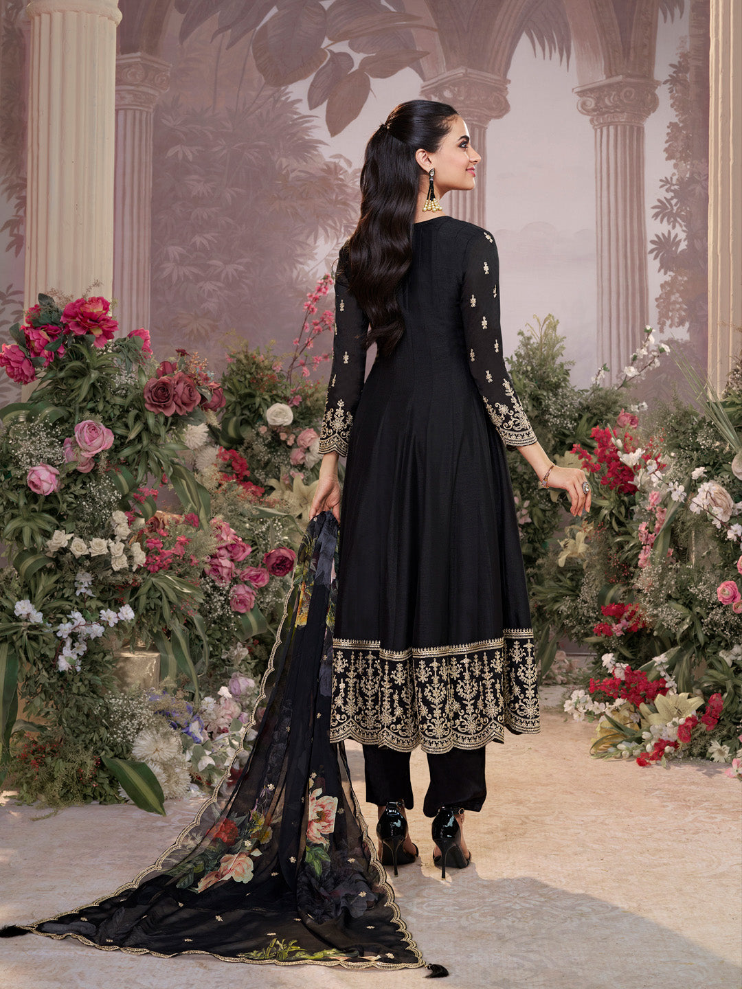 Black Vichitra Silk Embroidered Anarkali Set with Digital Printed Chiffon Dupatta