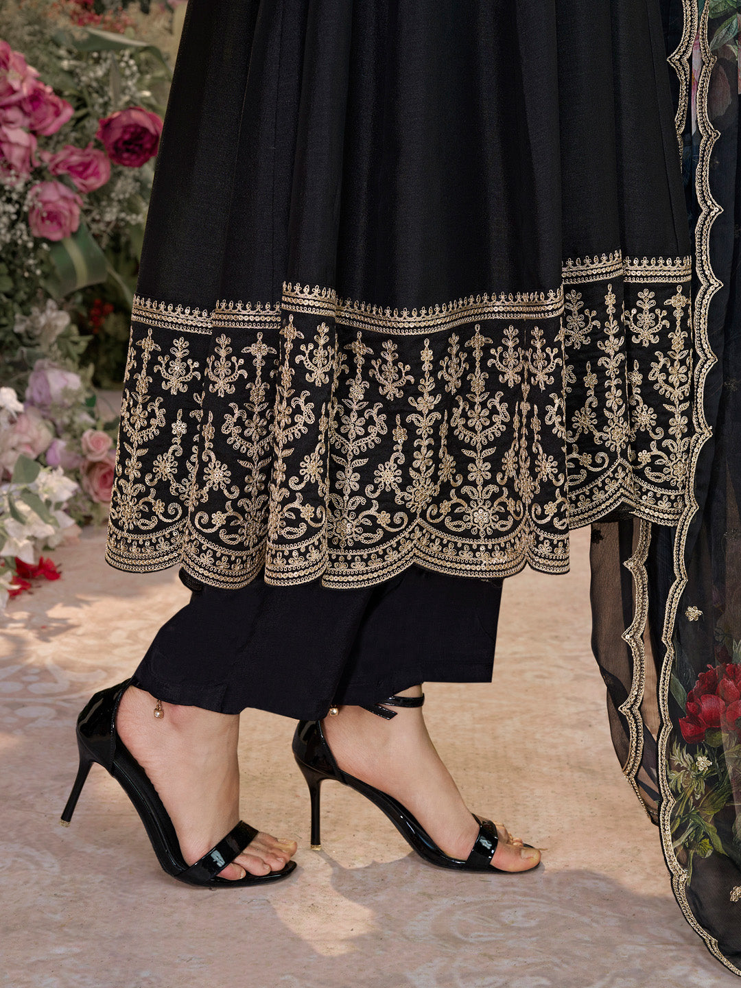 Black Vichitra Silk Embroidered Anarkali Set with Digital Printed Chiffon Dupatta